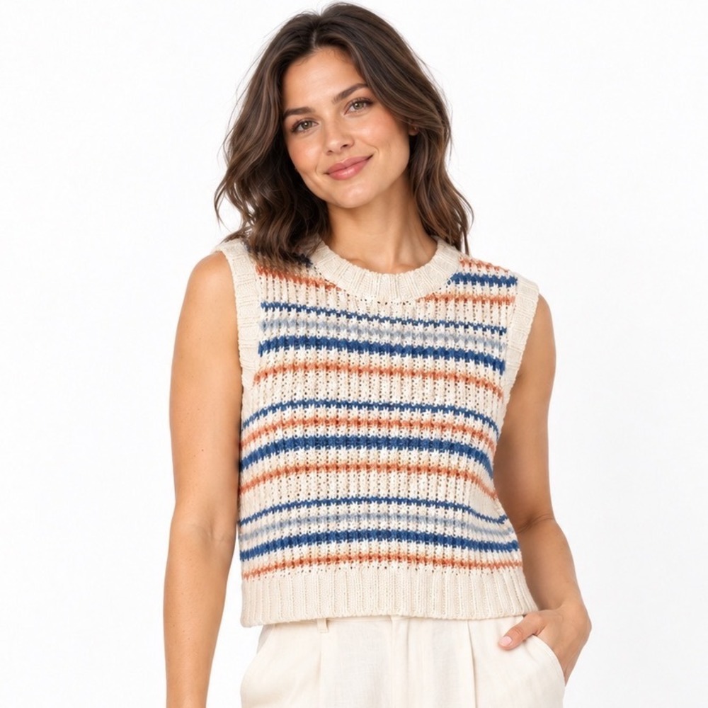 Altard State Striped Chunky Knit Sweater Vest Sleeveless Cropped White Blue L